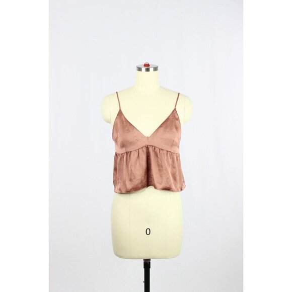 Aritzia Tops - Aritzia LITTLE MOON Lover Nutmeg Brown Satin Cropped Peplum Camisole, Size XS